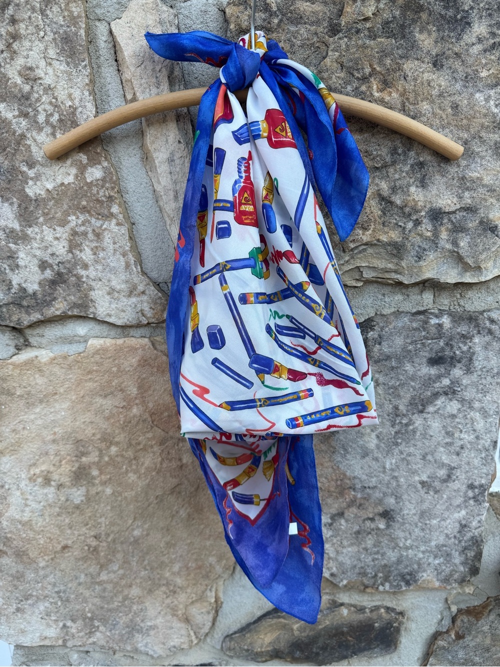 Vintage Avon Scarf 34” Makeup Cosmetics Lipstick Novelty Print Blue Maximalism